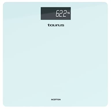 Taurus Inception - Báscula de baño digital, diseño slim, 28x28 cm, cristal templado ultra resistente, kg/lb, pantalla display de fácil lectura, máx 180kg/min 3kg, pies antideslizantes, azul