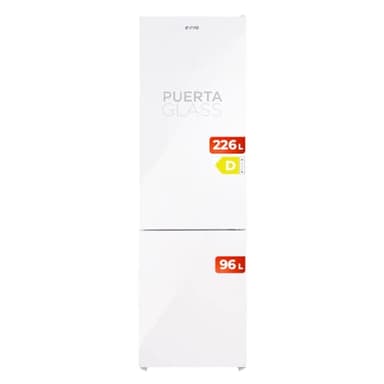 EVVO Frigorífico Combi No Frost, Capacidad Frigorífico 226 L Congelador 96 L, Motor Inverter, 60cm de Ancho, Clase energética D, Multi Air Flow, Luz Interior LED, Panel LED táctil, F55W Glass (Blanco)
