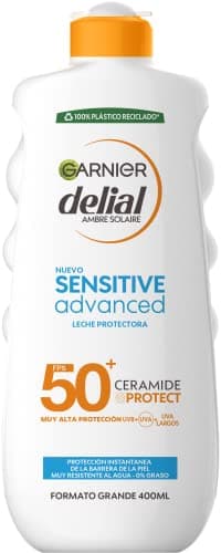 Garnier Delial Sensitive Advanced Leche Protectora Solar Formato XXL Familiar. Ceramide Protect: mantiene la piel hidratada y la función barrera intacta. 0% pegajoso, 0% graso.