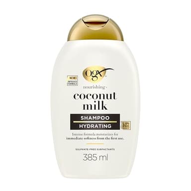 OGX Nourishing + Coconut Milk Shampoo (385 ml), champú hidratante con leche y aceite de coco y proteína de leche hidrolizada, tensioactivos sin sulfatos, para cabello seco