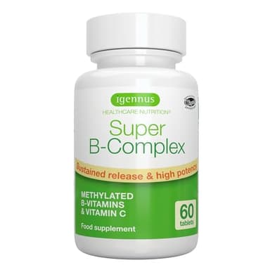 Vitamina B Complex - Complejo B Metilado, Vitaminas B1, B2, B3, B5, B6, B7, B12 Metilcobalamina, Metilfolato y Vitamina C, Alta Absorción y Liberación Prolongada, 60 Comprimidos Veganos - Igennus
