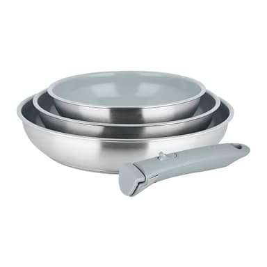 Sitram 716941 Arpege - Juego de 3 sartenes de acero inoxidable (20,24,28 cm, revestimiento antiadherente de cerámica con efecto piedra, mango extraíble SITRAMOVIBLE, incluye inducción