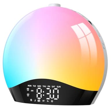 LIORQUE Despertador Luz Natural, Despertador Luz Amanecer Simulación de Amanecer y Atardecer con Radio, 9 Colores de Iluminación Dinámicos y 20 Niveles Brillo, 2 Alarmas y Snooze, Modo Fin de Semana