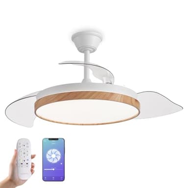 YOEVU NATURE - Ventilador de Techo con luz | 72 W | Compatible con Alexa y App | Luz LED Regulable | Aspas Retráctiles | Función Invierno/Verano, Madera, ABS
