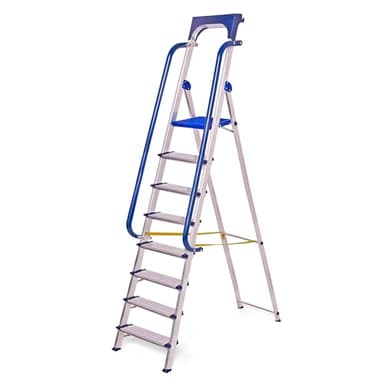 HOSTRÖM Escalera de 8 peldaños Secure Pro, Aluminio Reforzado, Seguro con rampas, Estante portaherramientas, Altura Plataforma 182 cm, Carga 150 kg.