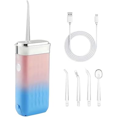 Irrigador Bucal Portatil, Irrigador Dental Inalámbrico Mini con 3 Modos 4 Boquillas, USB-C Recargable Irrigador Dental Profesional para el Hogar y los Viajes (Rosa)