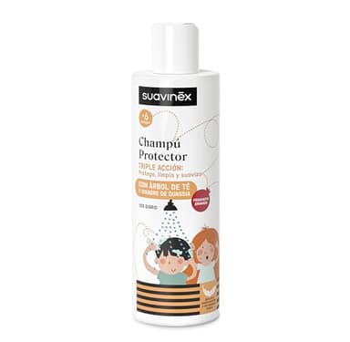 Suavinex, Champú Antipiojos, Champú Protector con Árbol del Té, Pantenol y Betaína, Protege, Limpia y Suaviza el Cabello, Testado, Apto Pieles Sensibles y Atópicas, Uso Diario, +6 Meses, 250 ml
