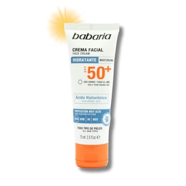 Babaria - Crema Facial Con Acido Hialuronico 50+ | Crema Hidratante con Protección Solar | Cremas Antiarrugas Mujer Y Hombre | Cremas Antimanchas Mujer Y Hombre