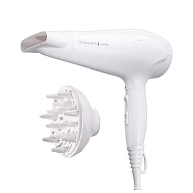 Remington Secador de Pelo Ionic Dry 2200, Iónico, Cabello Sin Encrespamiento, 2200 W, Concentrador y Difusor, 3 Temperaturas, 2 Velocidades, Rejilla Trasera Desmontable, Gancho, Blanco, D3199