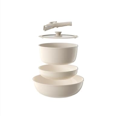 OUBRL Juego de ollas y sartenes antiadherentes, juego de utensilios de cocina de cerámica con mango desmontable, juego de cocina para caravana, camping, cocina, asas extraíbles, apto para lavavajillas
