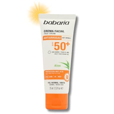 Babaria - Protector Solar Facial 50 Aloe | Crema Protectora Solar 50 de Cara | Crema Solar 50 | Proteccion Solar 50 Facial | Cremad Hidratante con Protección Solar Mujer y Hombre