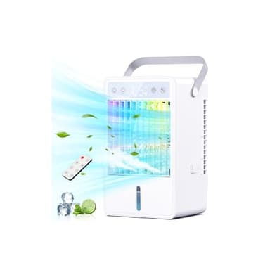 Aire Acondicionado Portatil Ultra-Silencioso, Mini Enfriador de Aire USB con Control Remoto - 5 Velocidades Ajustables & 3 Modos, Temporizador 2-10H, LED RGB 7 Colores, Enfriamiento Rápido con Tanque