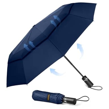 TECKNET Paraguas Plegable, Antiviento Sombrilla con Doble Cubierta para Hombres, Automático Abierto y Cierre, Ligero Portátil, Viaje Grandes Umbrella de 10 Varillas, Azul