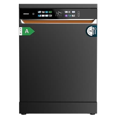 Cecotec Lavavajillas Independiente de 60 cm Bolero Aguazero 6900 Dark. 15 Cubiertos, 8 Programas, Clase A, Motor Inverter Plus, Pantalla FullColor XXL, Auto Open y Turbo Dry+, Dual Zone Wash, Dark