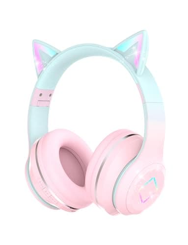 Xunpuls Auriculares Bluetooth para niños, con luz LED, Bluetooth 5.1 y Sonido estéreo, Plegables, Diadema Ajustable, Auriculares para niños con micrófono sobre la Oreja para la Escuela/Tableta (Rosa)