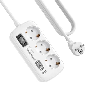 Regletas Enchufes con USB, Protección Sobretensión, 3 Tomas con Interruptor, Enchufe Múltiple de Carga 2 USB C y 2 USB A (5V/3,1A), Cable 1,5m, Ideal para Viajes y Hogar, 16A/4000W