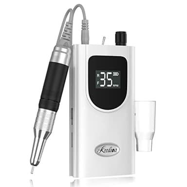 Kredioo Torno para Uñas Profesional 35000RPM Pórtatil＆Recargable 6 Brocas Lima Eléctrica de Manicura y Pedicura Pulidor Set Taladro de Clavo Eléctrico Limado Kit Set de Fresas LCD con Batería Blanco