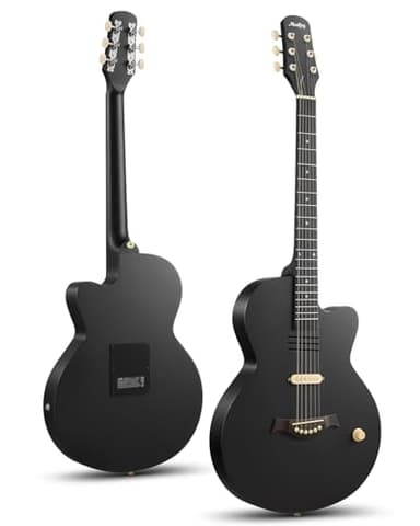 Moukey BCC-100 Guitarra electroacústica de 39 pulgadas con cutaway, pastilla pasiva, funda, correa, púas, afinador y cejilla, modo acústico y eléctrico, Negro