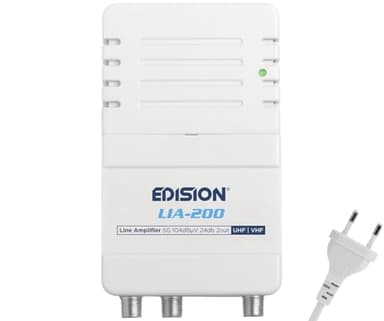 EDISION LIA-200 Amplificador Interior de Vivienda UHF/VHF, 12-24db Ajustable, 104dBmV, para Digitale Terrestre DVB-T/T2, con Filtro 5G LTE, 1 Entrada, 2 Salidas