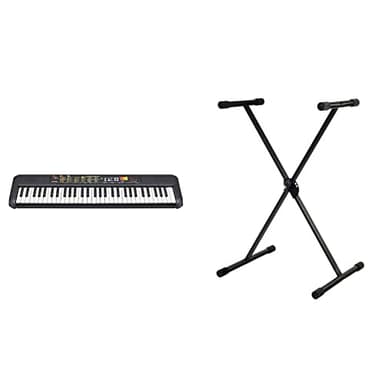 Yamaha PSR-F52 Teclado digital portátil y compacto con 61 teclas, 144 voces de instrumentos y 158 estilos de acompañamiento, color negro + GEWA F900520 Soporte de teclado, patas perfil simple
