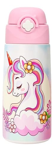 Ntswasd Botella De Agua Aislada Para Niños Con Pajita Desplegable,500 Ml,taza Infantil De Acero Inoxidable,a Prueba De Fugas-sin Bpa,para La Escuela,niñas（Unicornio）