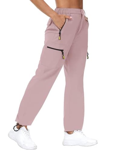 Rapbin Pantalones cargo para mujer de senderismo y caminata 2025, ligeros, de secado rápido, resistentes al agua, con bolsillos con cremallera para exterior, Gris y rosa., L