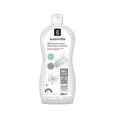 Suavinex, Detergente para Biberones y Tetinas. Limpia biberones, tetinas, chupetes y accesorios. Sin perfume. No deja residuos. Textura Gel. 82% Ingredientes de Origen Natural. 500 ml