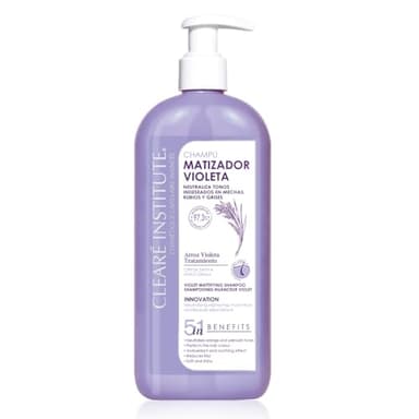 Clearé Institute - Champú Matizador Violeta Natural Sin Sulfatos SLS, SLES | Elimina Tonos Naranja | Para Cabello Rubio, Decolorado, con Mechas o Canas | 97.3% de Ingredientes Naturales | 400 ml