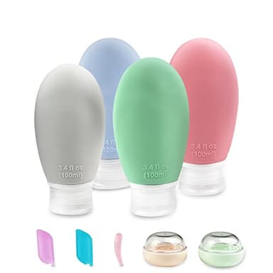 Gvolatee 9 sets Botellas de Viaje de Silicona(4 pcs Botella silicone) 100ml, Rellenables y a Prueba de Fugas - Contenedores con Bolsa de Transporte para Gel Cosmetica, Champús, Loción, Acondicionador