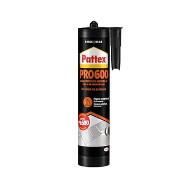Pattex PRO600 Adhesivo de montaje a base de disolvente, pegamento fuerte de agarre inmediato, pegamento extrafuerte resistente al agua para interiores y exteriores, 1 cartucho x 300 ml