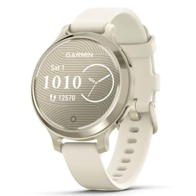 Garmin Lily 2 Active, Reloj Inteligente con GPS, Diseño Elegante, Datos de Salud y Forma Física, Pantalla Táctil, Notificaciones, Autonomía hasta 9 días, Dorado con Correa Blanca, Reacondicionado