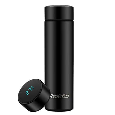 SOUSLOW Tazas térmicas Botella de agua con aislamiento al vacío con pantalla inteligente de temperatura, a prueba de fugas, café de acero inoxidable, 500 ml (Negro)