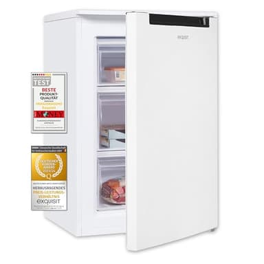 Exquisit congelador vertical, 87L, 4 estrellas, clase D, Color blanco, 3 cajones, método descongelación manual, termostato ajustable, puerta reversible, 40 db, consumo 132 kwh/año, 85,5x54,5x58 cm