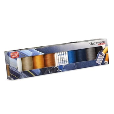 Gütermann Creativ Set hilo de coser con 8 bobinas el hilo para tejanos Denim 100 m en los colores típicos de pespuntes de vaquero + 5 agujas de coser para tejanos SCHMETZ (734564)
