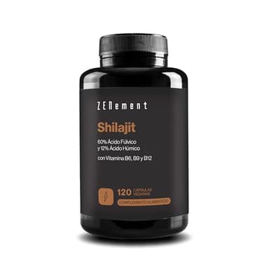 Shilajit Puro del Himalaya 1300 mg (Equiv. 45000 mg Polvo) por Dosis Diaria - 60 % Ácido Fúlvico, 12 % Húmico - con Vitaminas B6, B9 y B12-2 Meses de Suministro, 120 Cápsulas Veganas - Zenement