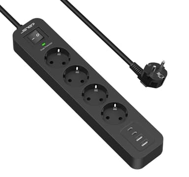 JSVER Regleta USB Proteccion Sobretension con 4 Toma de Corriente y 4 USB Puertos(5V3,4A) Estación de Carga Inteligente Tomas Alargadora con Cable 2m-Negro