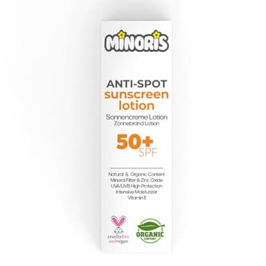 Minoris Loción Solar Anti-Manchas SPF 50+ | Orgánica, Mineral, Amplio Espectro, Piel Sensible, Hipoalergénica, Vegana, Resistente al Agua, Testada Dermatológicamente, 150 ml