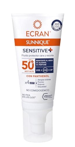 Ecran Sunnique Sensitive - Fluido Protector Facial para Cara y Escote FPS +50 | Fórmula con Pantenol, Resistente al Agua, sin Perfume ni Alcohol para Pieles Sensibles | 50ml