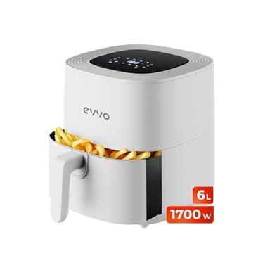 EVVO Freidora Aire Sin Aceite de 6L, 1700W, Recipiente Antiadherente, Tecnología Dual Cyclone, Multifunción, Hornea, Deshidrata, Descongela, Hasta 200º, Apagado Automático (Color Blanco)