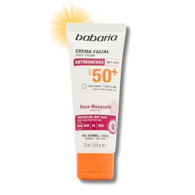 Babaria - Protector Solar Facial 50 Antimanchas Con Rosa Mosqueta | Crema Hidratante Facial Mujer | Crema Rosa Mosqueta Mujer | Bloqueador Solar | 75ml