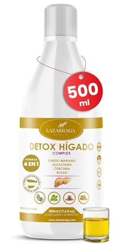 DETOX POTENTE 4 EN 1 para Hígado y Colon | Cardo Mariano, Alcachofa, Boldo y Cúrcuma | Depuración + Digestión + Retención de Líquidos | 500ml y Vegano | Sabor Frutos Rojos | Lazarraga