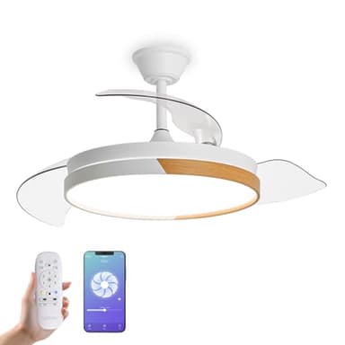 YOEVU NATURE WHITE | Ventilador de techo inteligente | Blanco y madera, aspas retráctiles, luz LED regulable, control WiFi | Compatible con Alexa Función invierno/verano