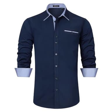 Enlision Camisas de vestir para hombre, de manga larga, formal, informal, corte recto, camisas con botones, Azul marino-2, XL