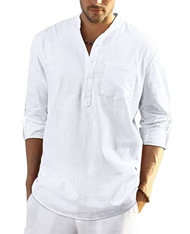 Enlision Hombre Verano Camisa de Lino Camisa Ajustada de Color Liso Camisa con Cuello en V Blusa de Moda con Botones T-Shirt Informal Blanco XL