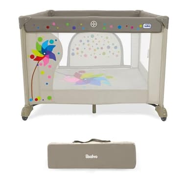 Parque Infantil Bebé 106x106 cm – Corralito Plegable con Base Acolchada + Puerta Frontal y Ruedas | Diseño Robusto y Bolsa de Transporte SQUARE Molinillo Beige Asalvo