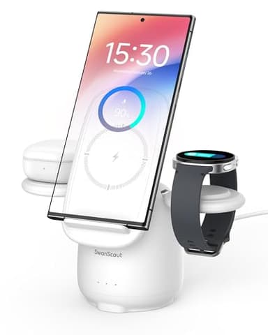Cargador Inalámbrico para Samsung, Estación de Carga Inalámbrica 3 en 1 para Galaxy S25 Ultra/S24/S23/Z Flip 7/Z Fold 7, Base para Galaxy Watch 8/Ultra/7/6/5/Buds, SwanScout 707S (No Adapter)