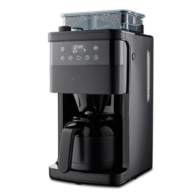 MEDION con molinillo y jarra termo (1 litro, máx. 8 tazas, 8 posiciones de molido, máx. 1000 vatios, temporizador, pantalla LED, antigoteo, filtro permanente, MD19911)