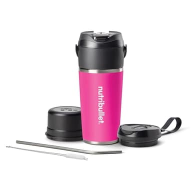 nutribullet Flip NBP016MA, Batidora Portátil con Vaso Térmico de 590ml, Conserva el Frío 24h, Bate Hielo, Incluye Tapa y Pajita, Carga USB-C, Acero Inoxidable, Magenta