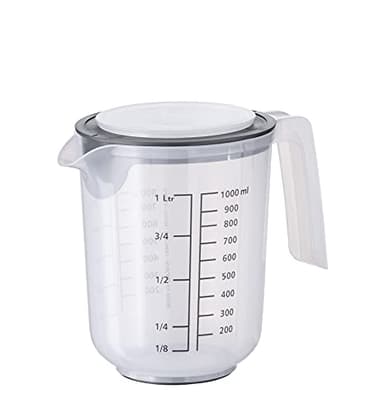 Vaso mezclador APS con tapa - vaso medidor con escalas para líquidos (l/ml), azúcar (g) y harina (g) / volumen 1 litro/Ø 12,5 cm/altura 16 cm/apto para lavavajillas