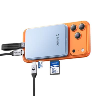 ORICO 10Gbps Magnética M.2 NVMe SSD Caja con USB-C Base Compatible con grabación ProRes para iPhone 17/16/15 Pro/MAX/Plus Ranura TF/SD PD 100W para SSD 2230/2242/2260/2280 Diskless AP80F Azul